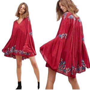 Free People Te Amo Embroidered Flare Sleeve V Neck Babydoll Swing Dress Size M